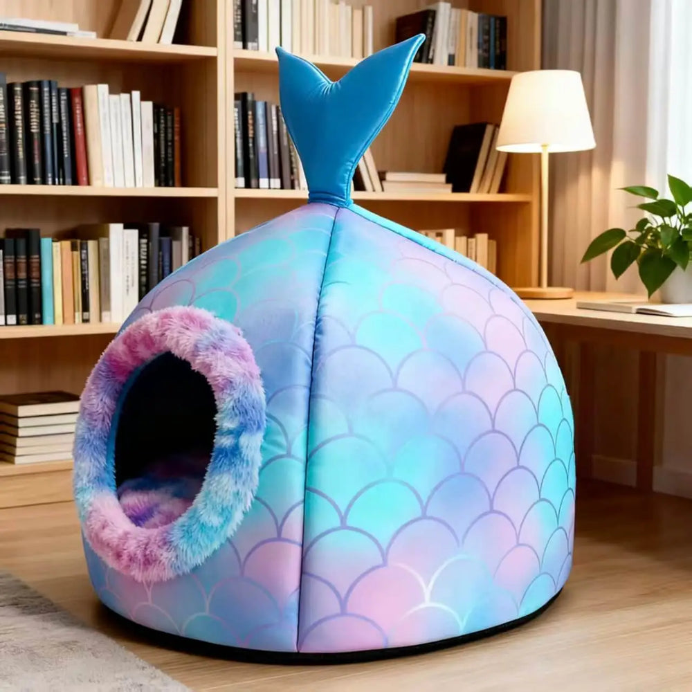 Mermaid Tail Pet Cave Bed - Gradient Scale Plush Enclosed Nest for Cats & Small Indoor Pets.