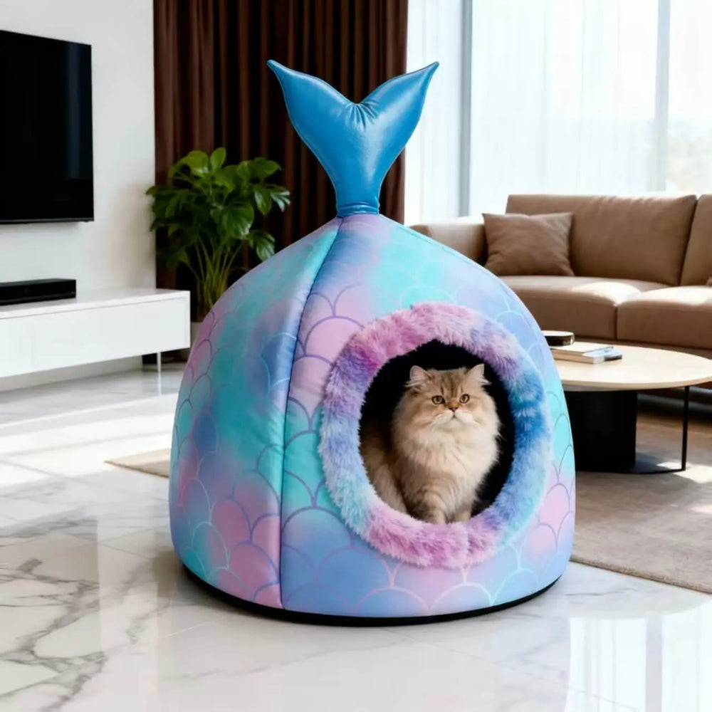 Mermaid Tail Pet Cave Bed - Gradient Scale Plush Enclosed Nest for Cats & Small Indoor Pets.