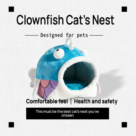 Clownfish-Shaped Cat Bed Warm Pet Basket Cozy Kitten Lounger Cushion Cat House Tent Very Soft Washable Cave Cats Beds.