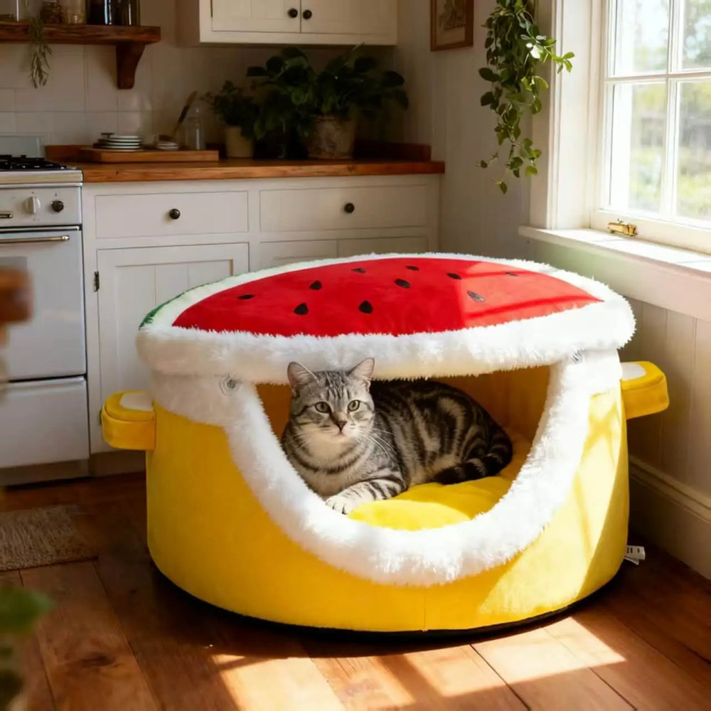Modern Plush Cat House with Dome Lid - Enclosed Winter Warm Pet Bed, Spacious Soft Cushioned Interior.