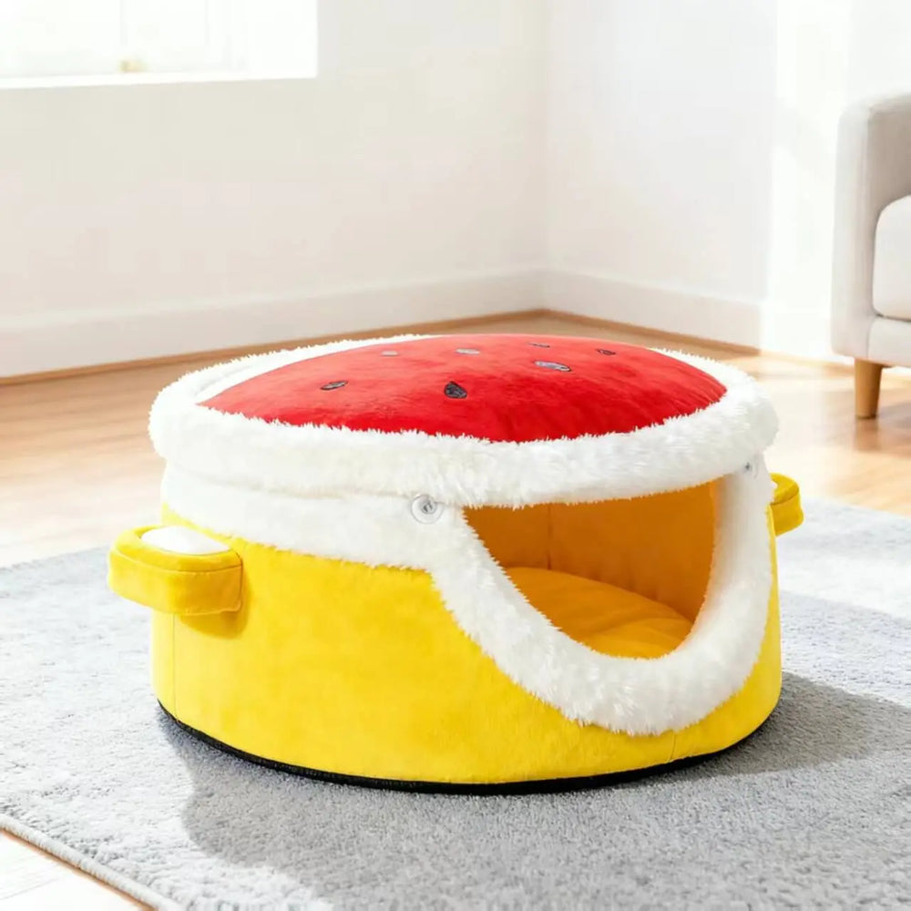 Modern Plush Cat House with Dome Lid - Enclosed Winter Warm Pet Bed, Spacious Soft Cushioned Interior.