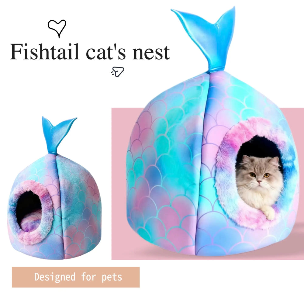 Mermaid Tail Pet Cave Bed - Gradient Scale Plush Enclosed Nest for Cats & Small Indoor Pets.