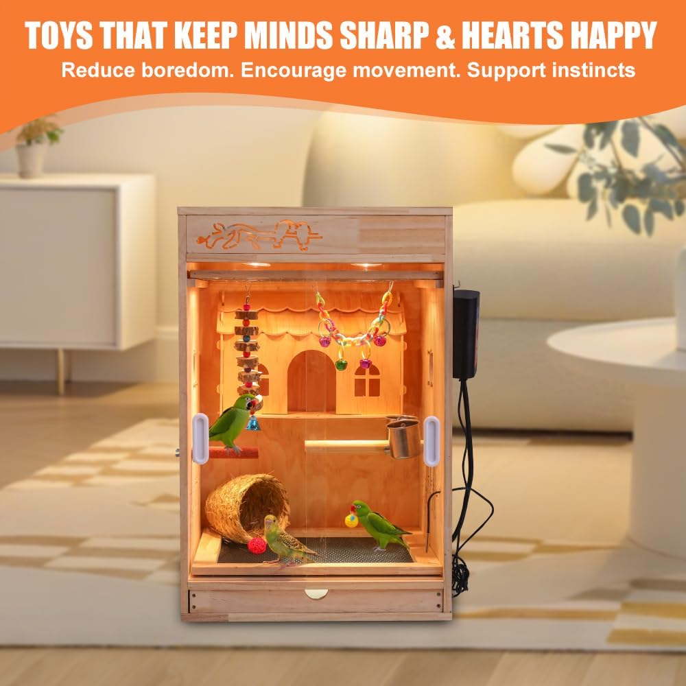 Cozy Heated Wooden Bird Habitat Cage with Thermostat for Parrots & Small Birds