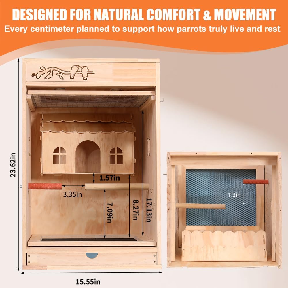 Cozy Heated Wooden Bird Habitat Cage with Thermostat for Parrots & Small Birds