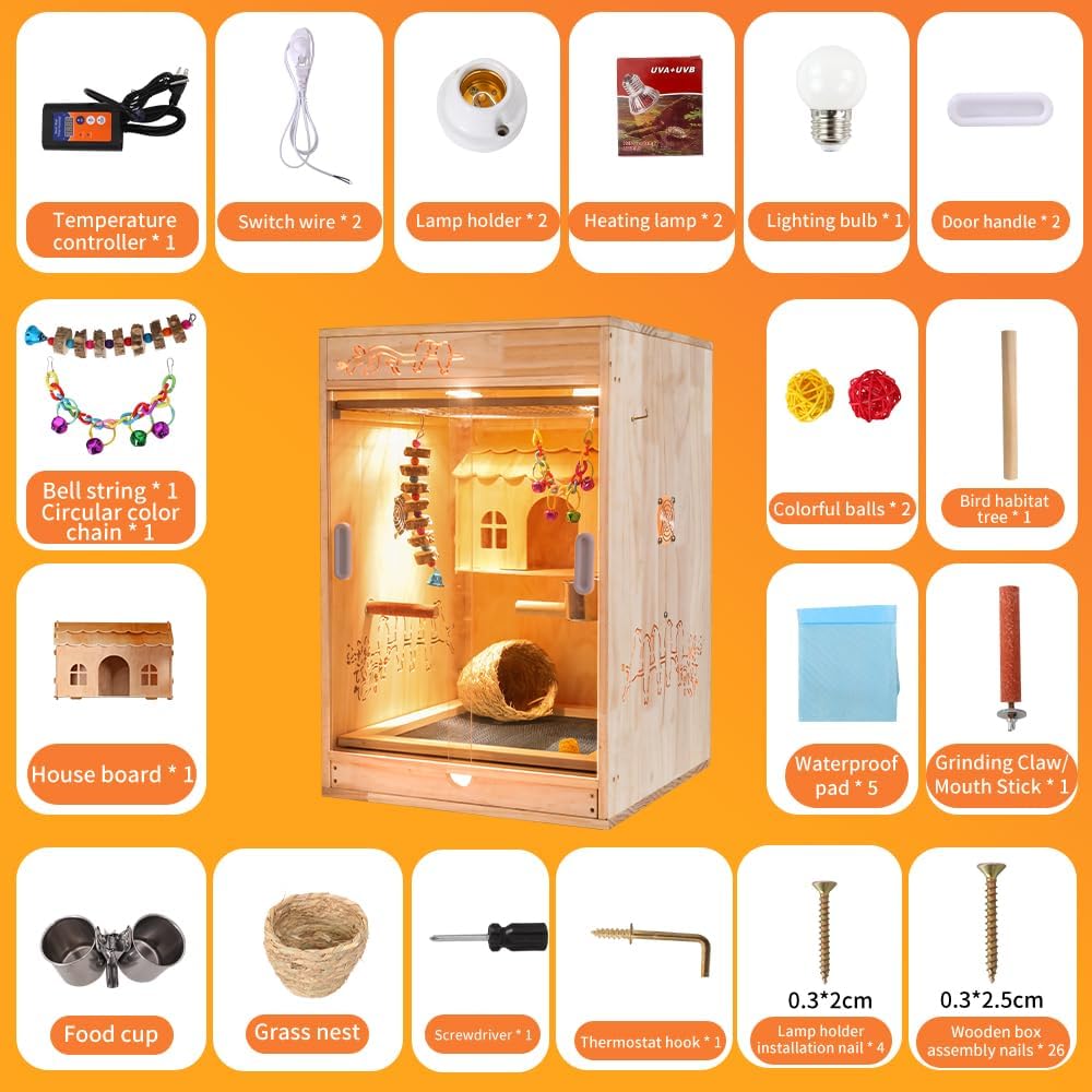 Cozy Heated Wooden Bird Habitat Cage with Thermostat for Parrots & Small Birds