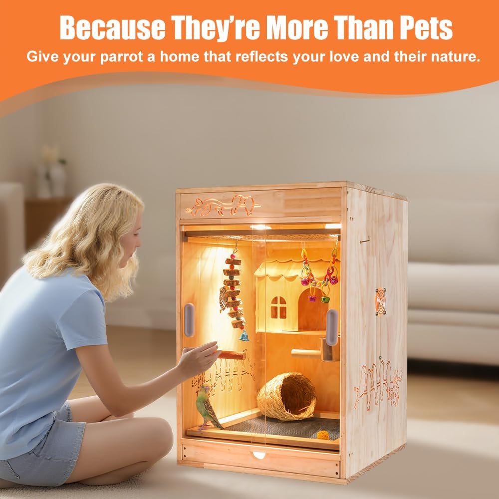 Cozy Heated Wooden Bird Habitat Cage with Thermostat for Parrots & Small Birds
