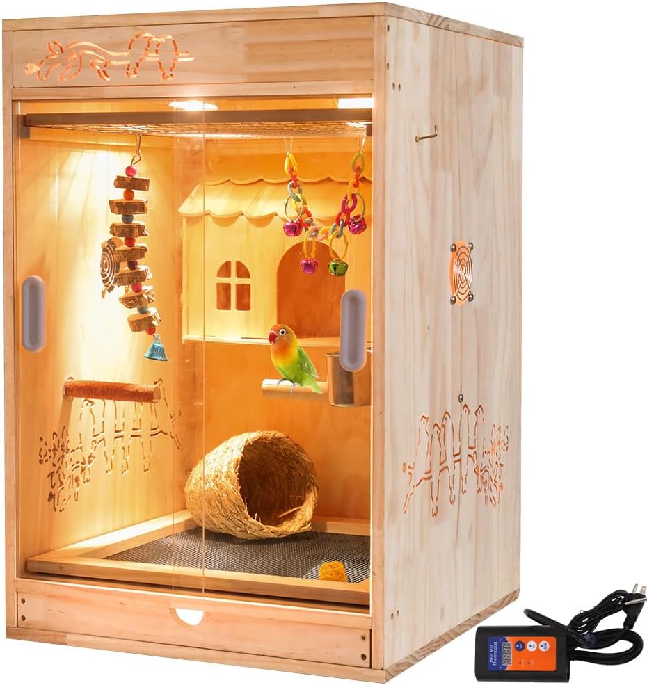 Cozy Heated Wooden Bird Habitat Cage with Thermostat for Parrots & Small Birds