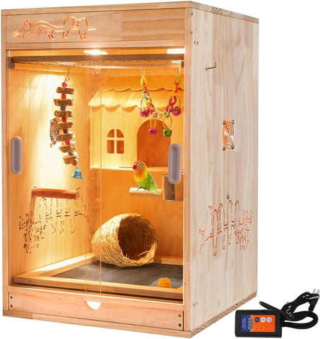 Cozy Heated Wooden Bird Habitat Cage with Thermostat for Parrots & Small Birds