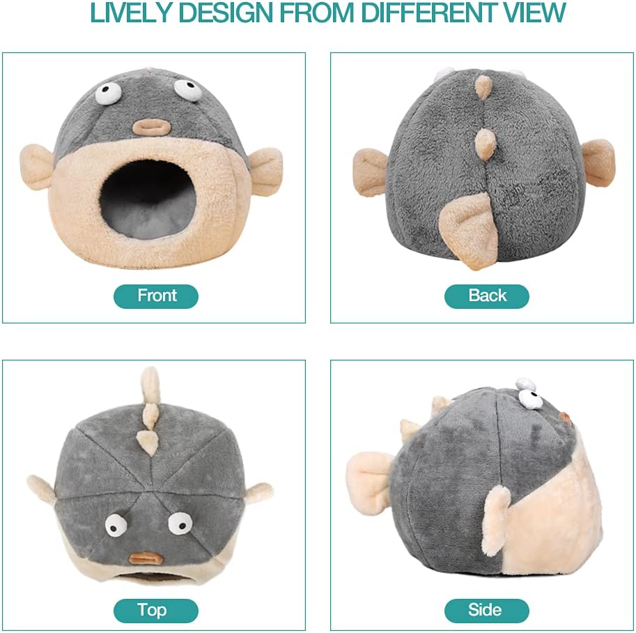Cozy Pufferfish Cat Cave Bed with Washable Pillow, Soft Plush for Indoor Cats