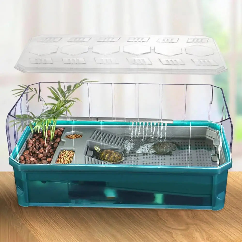 Deluxe Green Medium Turtle Habitat Tank: Anti-Escape Cover, Clear View Panel