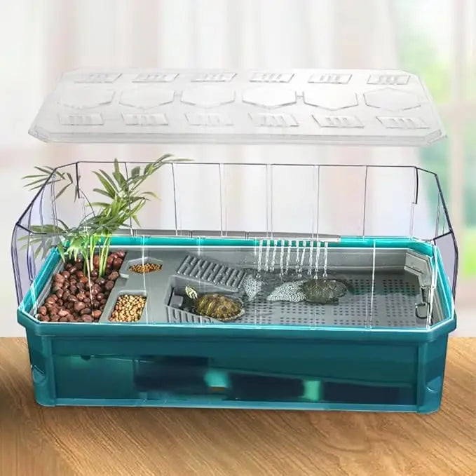 Deluxe Green Medium Turtle Habitat Tank: Anti-Escape Cover, Clear View Panel
