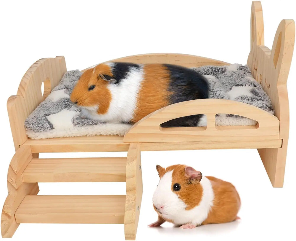 Cozy Wooden Guinea Pig Bed with Stairs & Mat for Small Animals Hideout