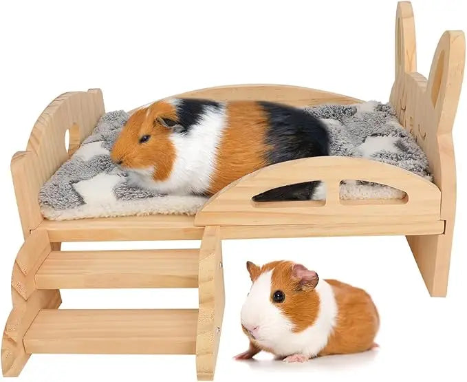 Cozy Wooden Guinea Pig Bed with Stairs & Mat for Small Animals Hideout