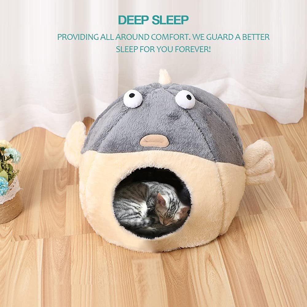 Cozy Pufferfish Cat Cave Bed with Washable Pillow, Soft Plush for Indoor Cats
