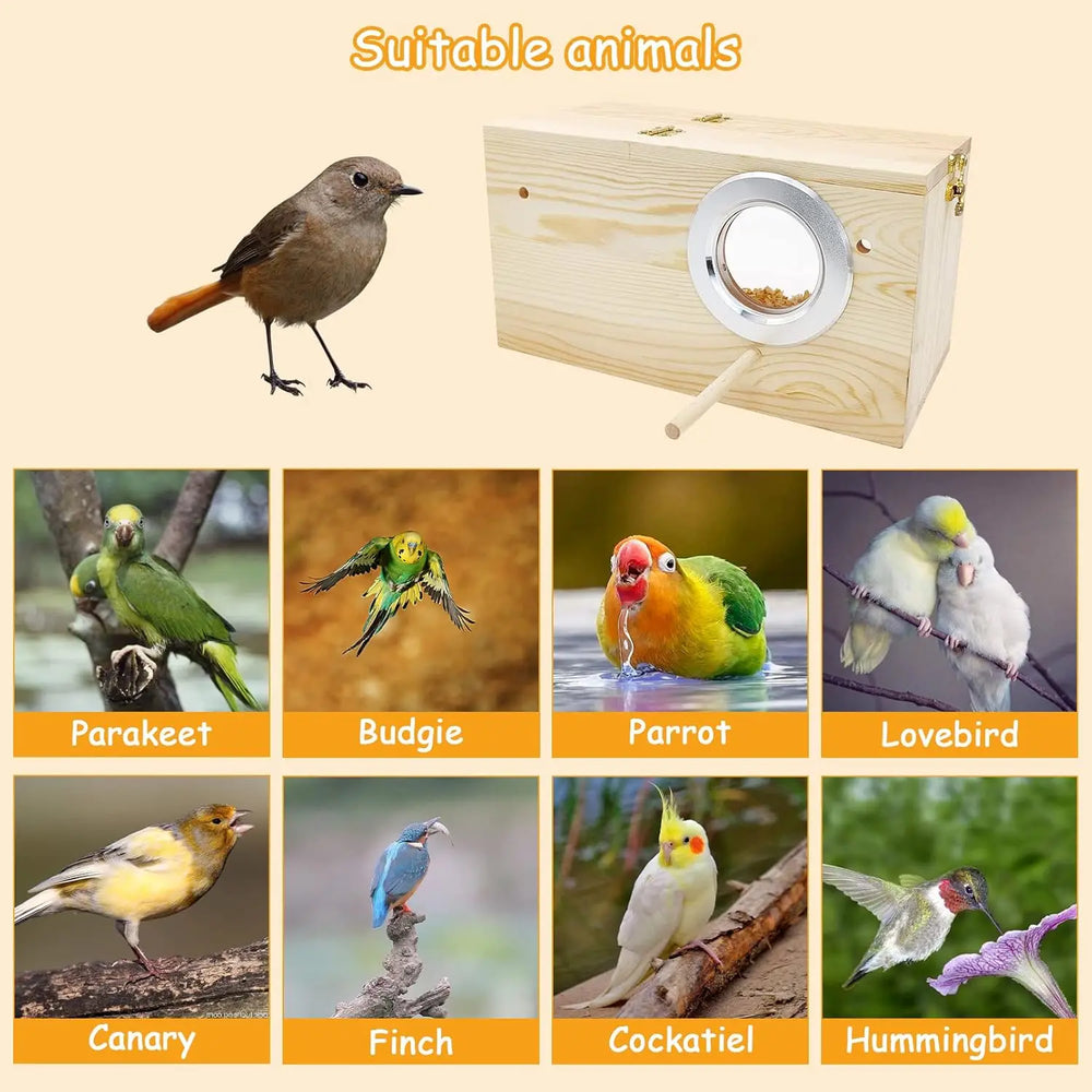 PINVNBY Natural Wood Panoramic Bird Nesting Box for Parakeets, Budgies, Cockatiels
