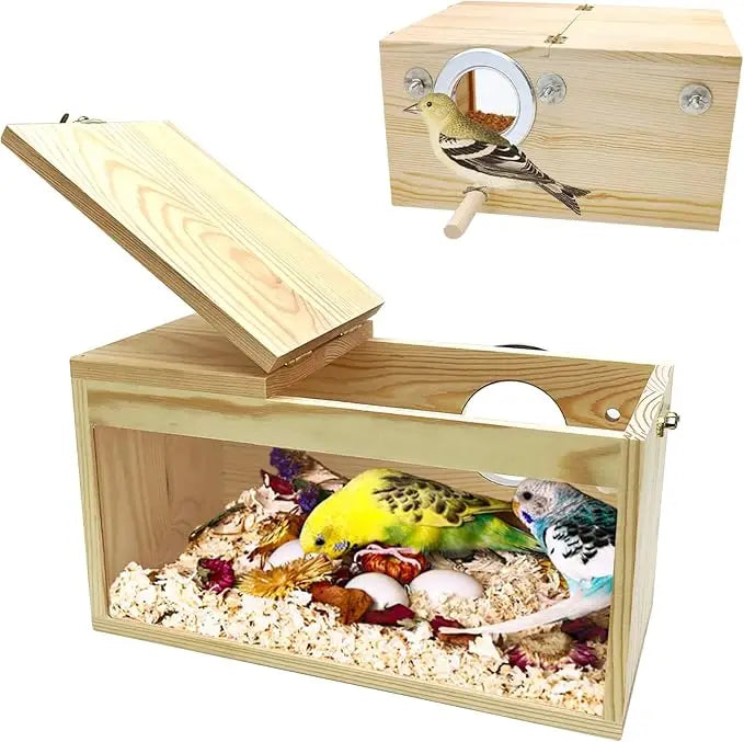 PINVNBY Natural Wood Panoramic Bird Nesting Box for Parakeets, Budgies, Cockatiels