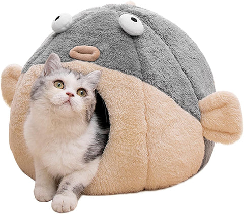 Cozy Pufferfish Cat Cave Bed with Washable Pillow, Soft Plush for Indoor Cats