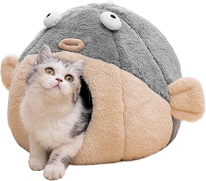 Cozy Pufferfish Cat Cave Bed with Washable Pillow, Soft Plush for Indoor Cats