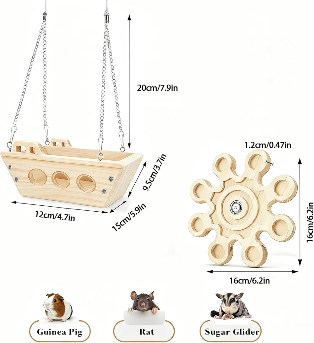 Natural Wooden Chinchilla Hammock Bed Cage Accessory with Interactive Chew Toy