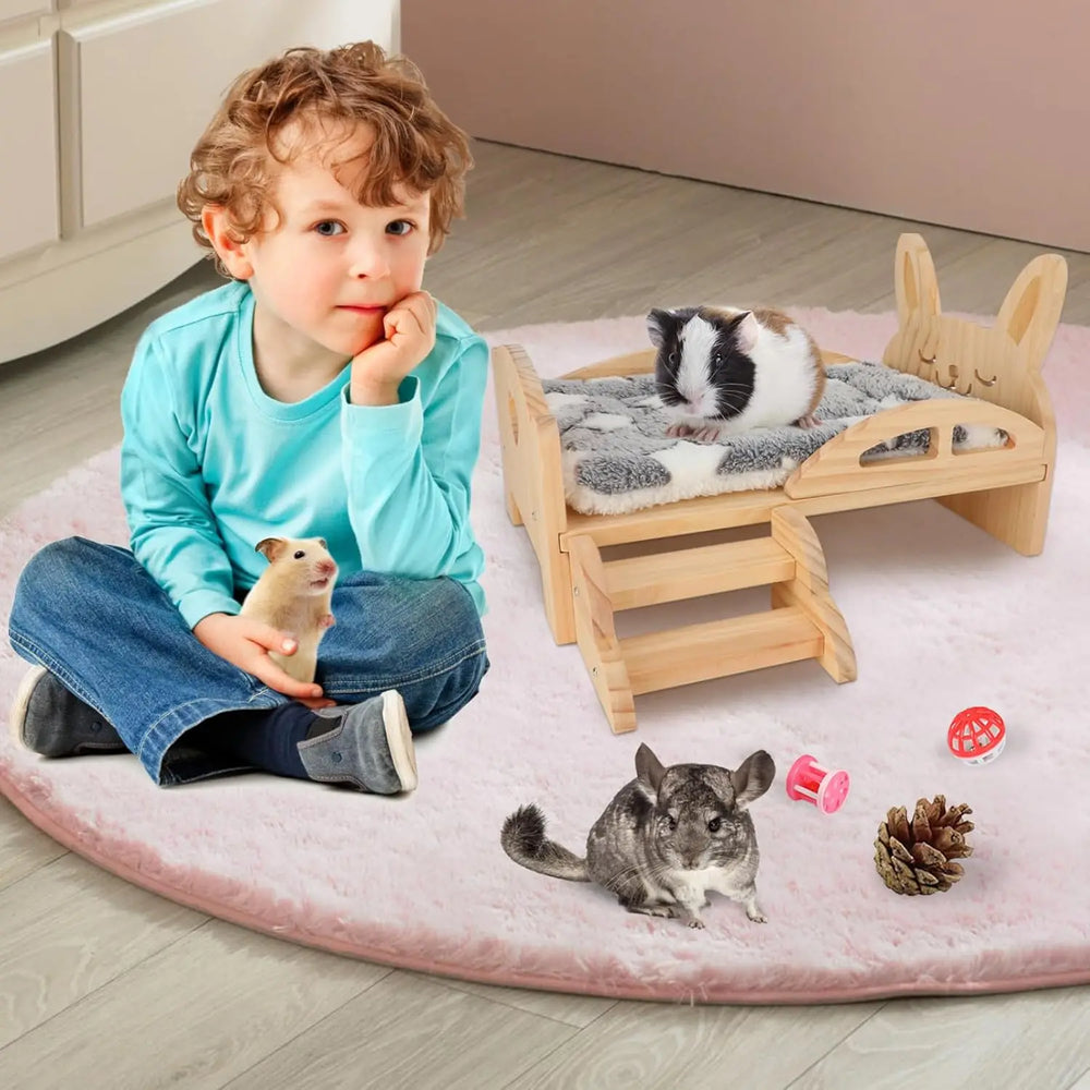 Cozy Wooden Guinea Pig Bed with Stairs & Mat for Small Animals Hideout