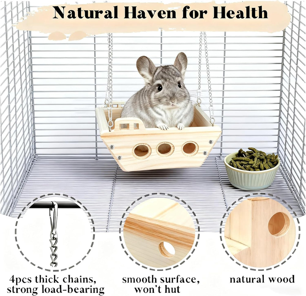 Natural Wooden Chinchilla Hammock Bed Cage Accessory with Interactive Chew Toy