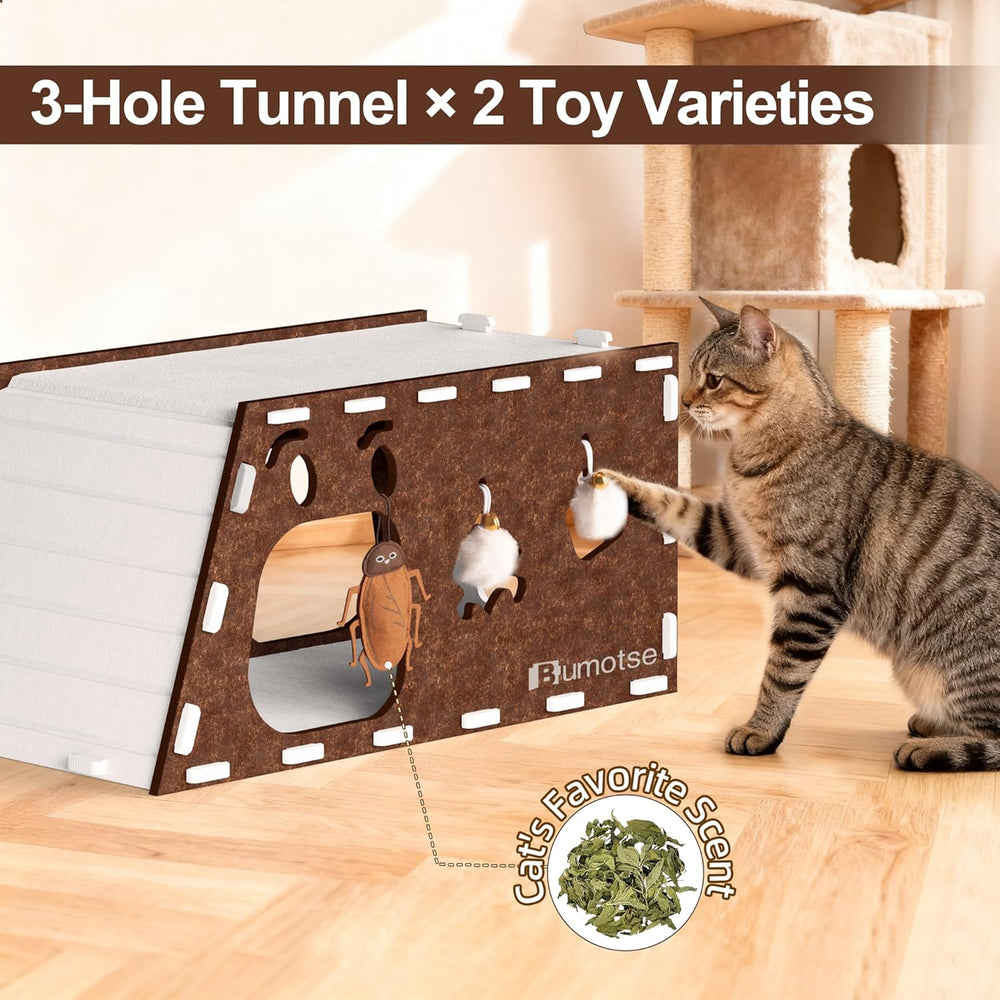 Quiet Felt Cat Bed Cave House for Indoor Cats, Tunnel Condo with Catnip Toy