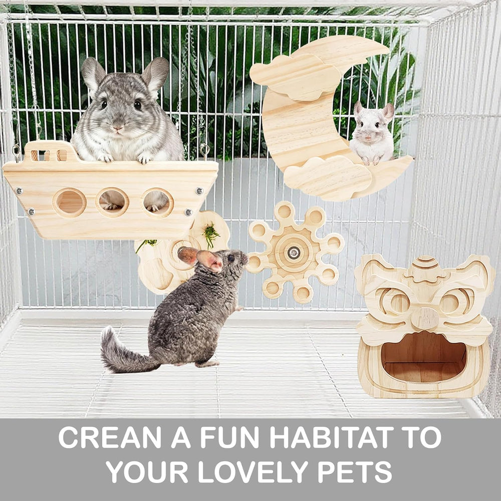 Natural Wooden Chinchilla Hammock Bed Cage Accessory with Interactive Chew Toy