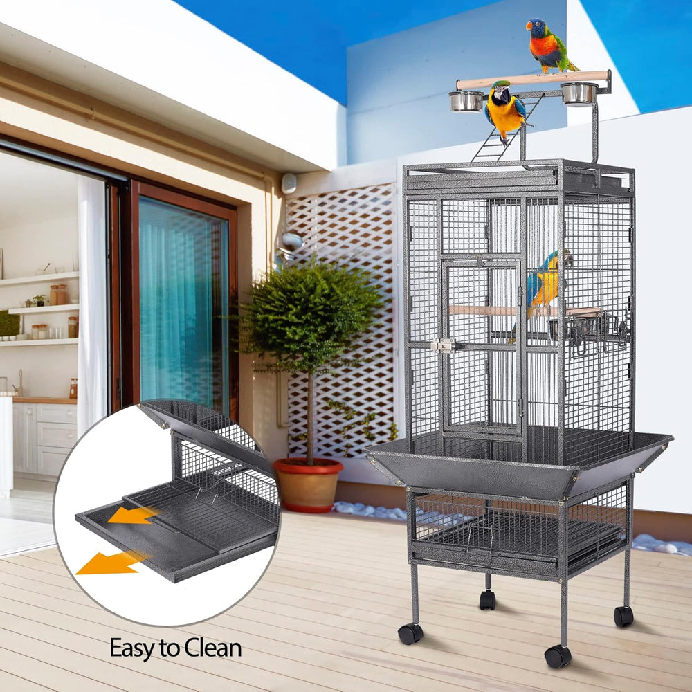 HSM 62-inch Rolling Wrought Iron Large Bird Flight Cage for Parrots