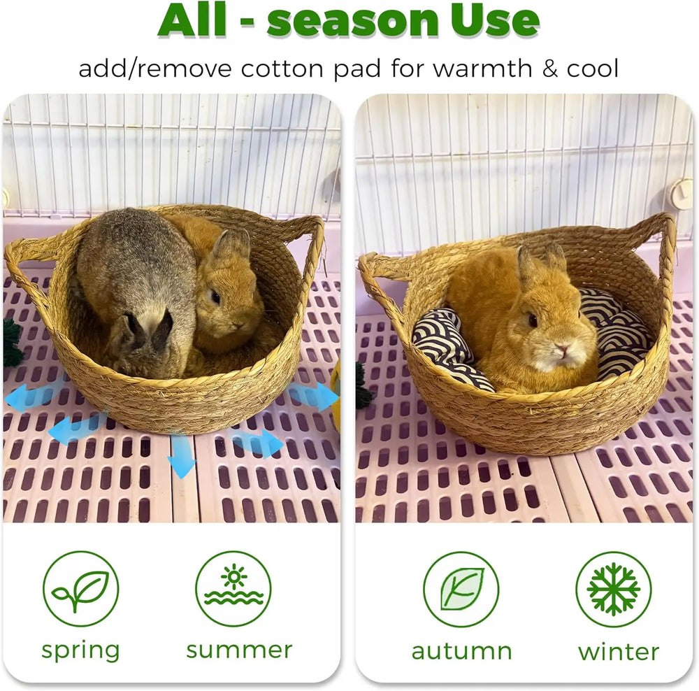Durable Natural Woven Grass Bunny Bed with Warm Cushion for Rabbits