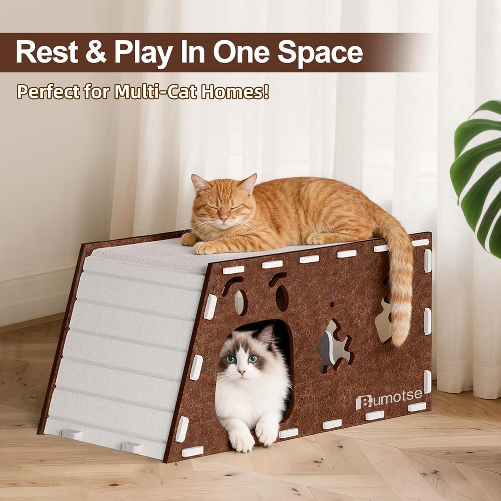Quiet Felt Cat Bed Cave House for Indoor Cats, Tunnel Condo with Catnip Toy