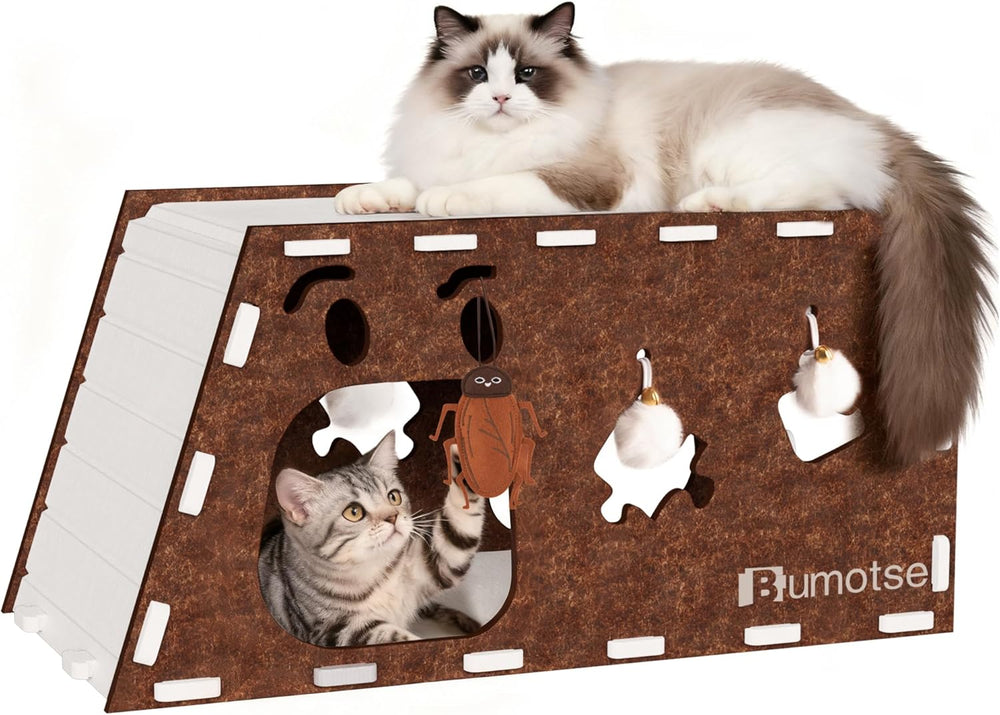 Quiet Felt Cat Bed Cave House for Indoor Cats, Tunnel Condo with Catnip Toy