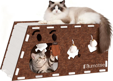 Quiet Felt Cat Bed Cave House for Indoor Cats, Tunnel Condo with Catnip Toy