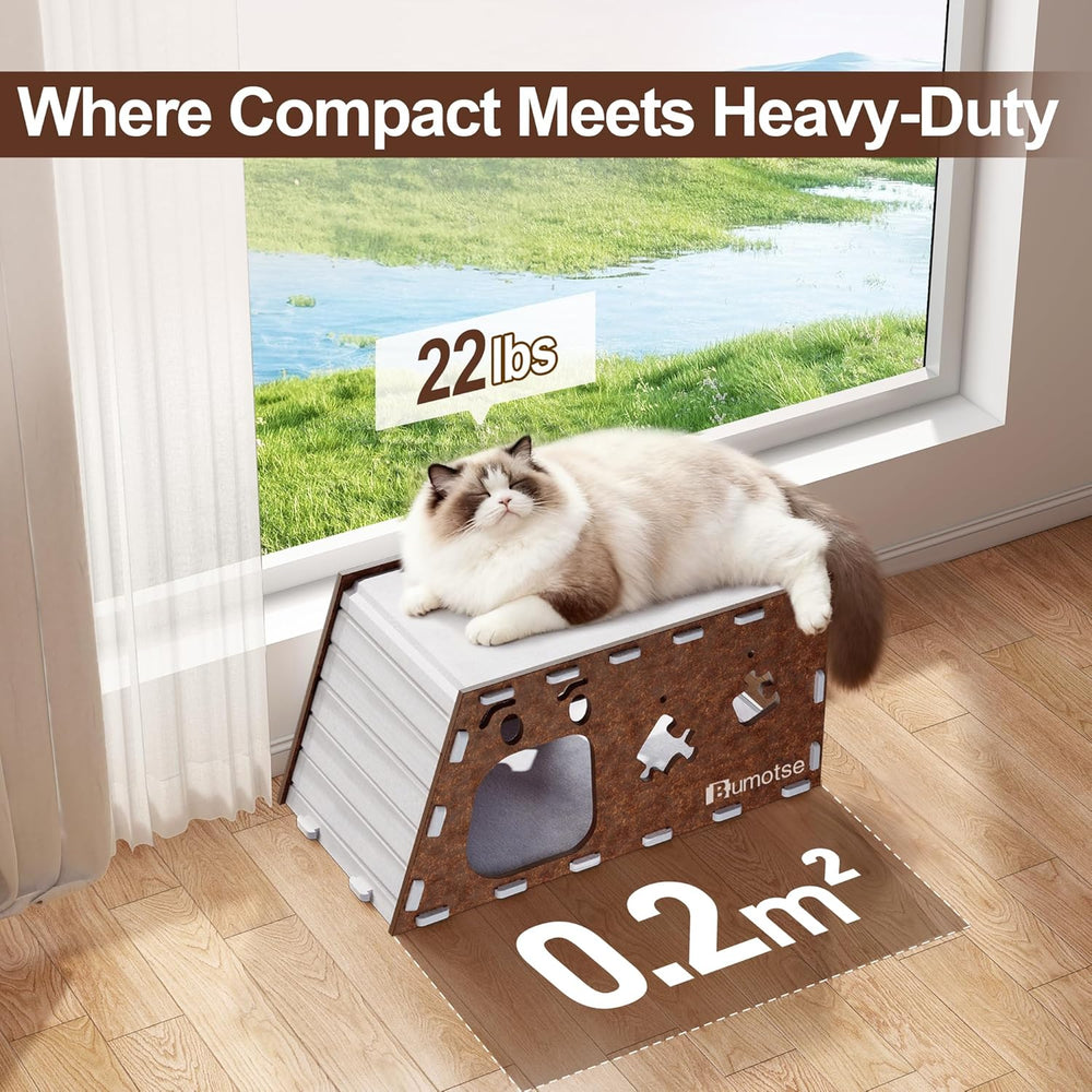 Quiet Felt Cat Bed Cave House for Indoor Cats, Tunnel Condo with Catnip Toy