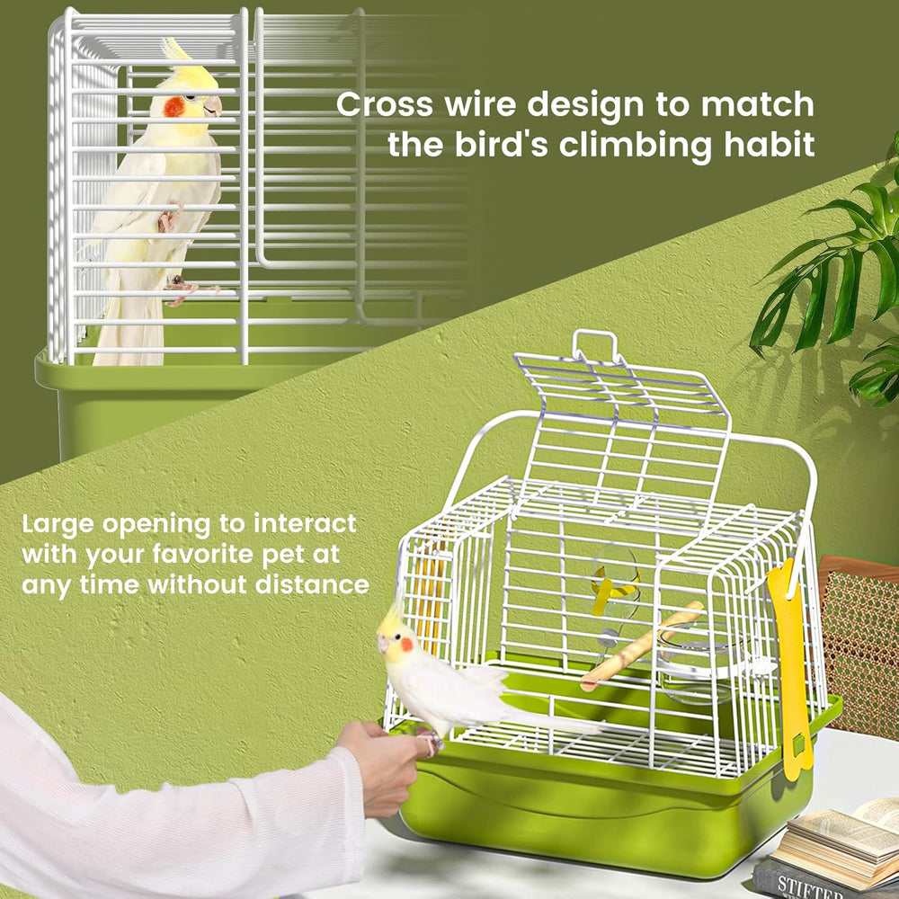 Secure Portable Green Travel Bird Cage for Parakeets, Small Animals & Accessories