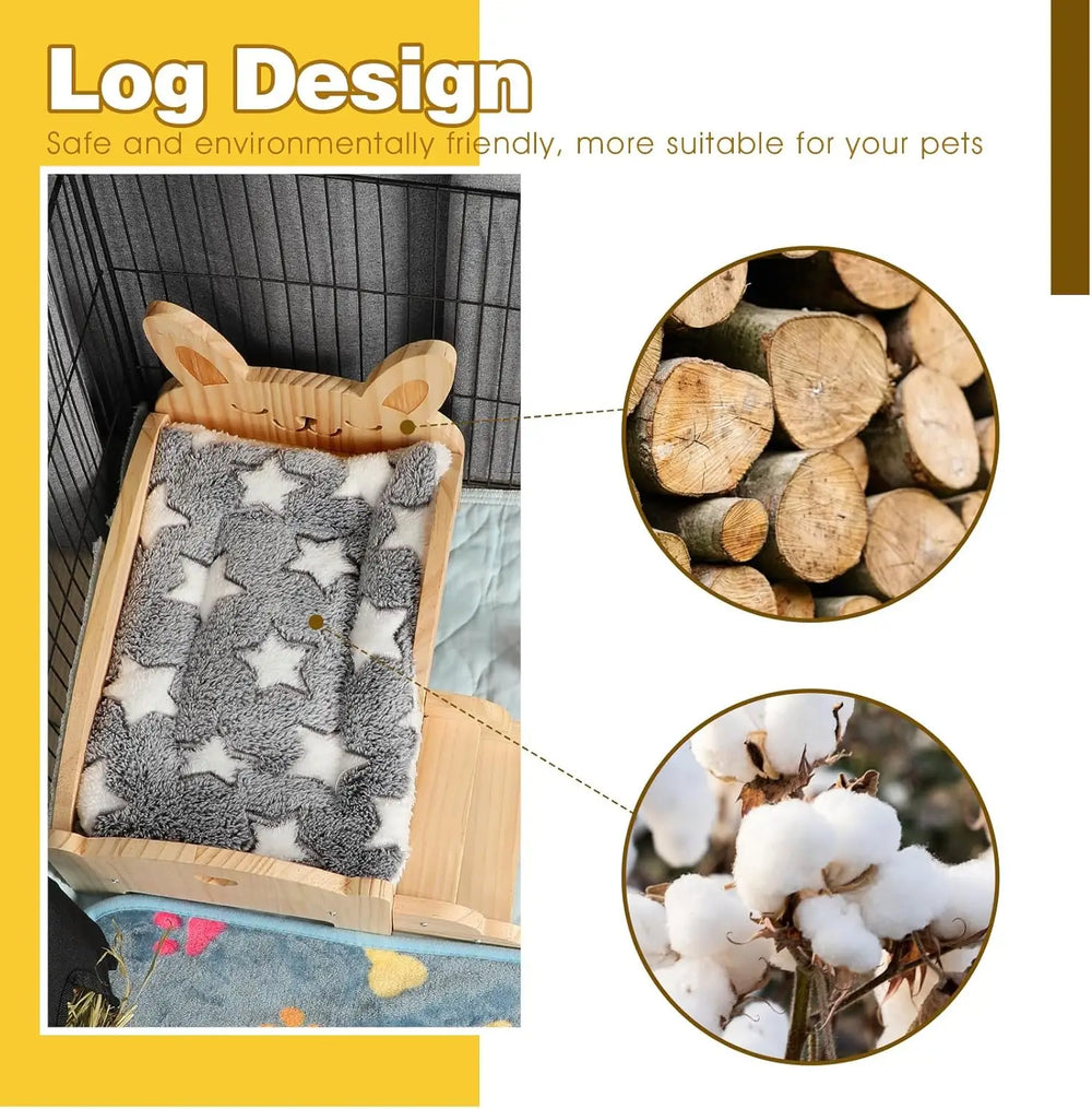 Cozy Wooden Guinea Pig Bed with Stairs & Mat for Small Animals Hideout