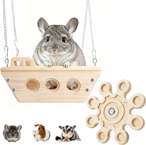 Natural Wooden Chinchilla Hammock Bed Cage Accessory with Interactive Chew Toy