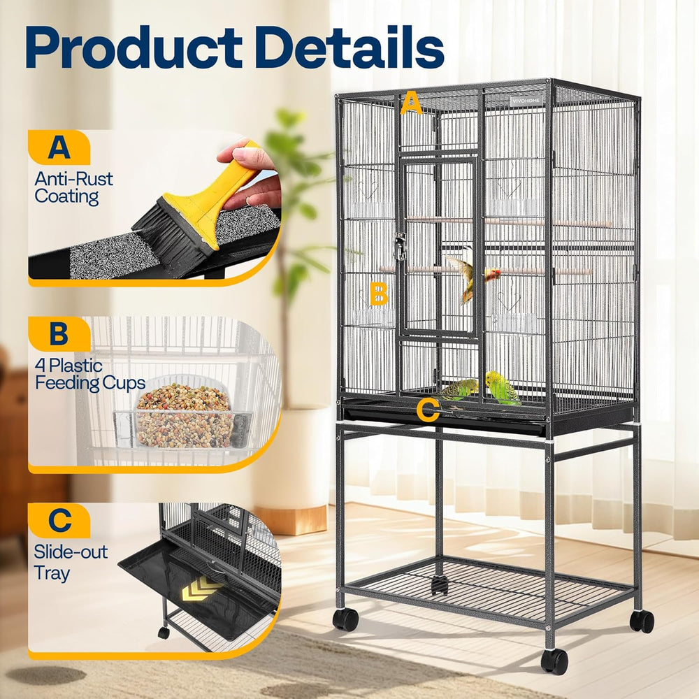 VIVOHOME 54-inch Wrought Iron Flight Cage, Rolling Stand for Pet Birds