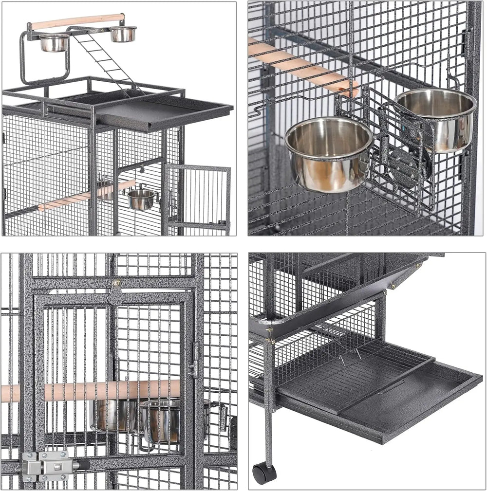 HSM 62-inch Rolling Wrought Iron Large Bird Flight Cage for Parrots