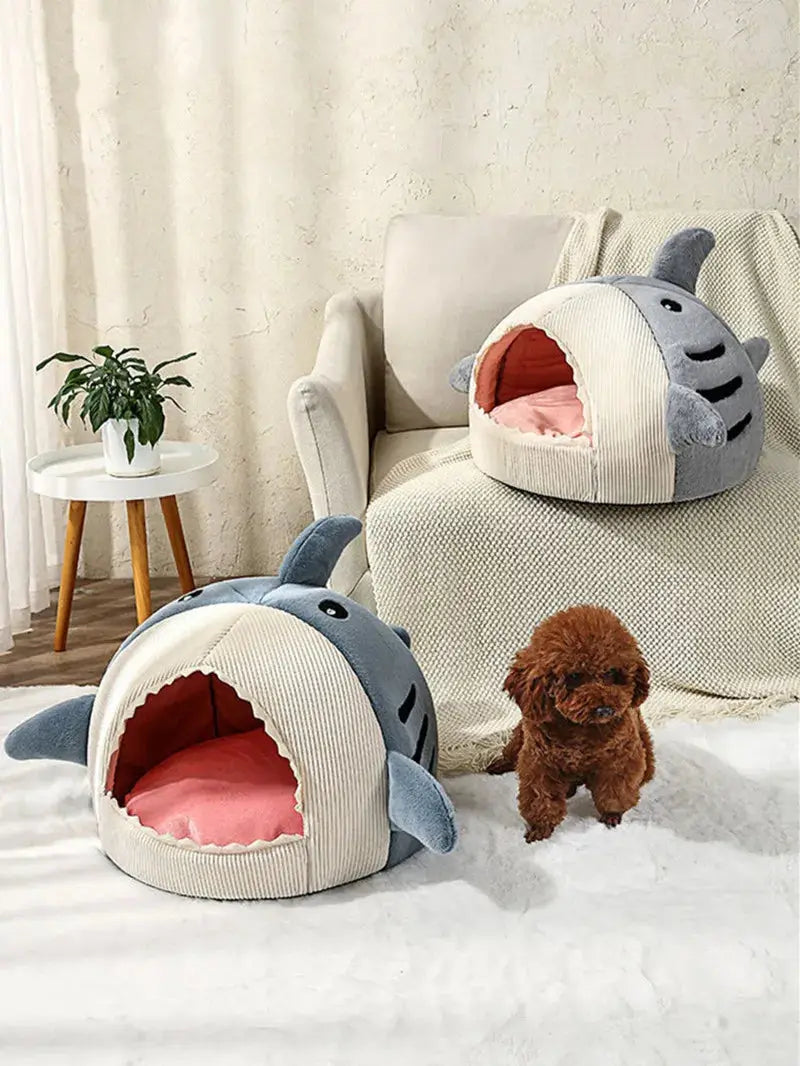 Cozy Plush Shark Pet Bed: Warm Semi-Enclosed Dog & Cat House