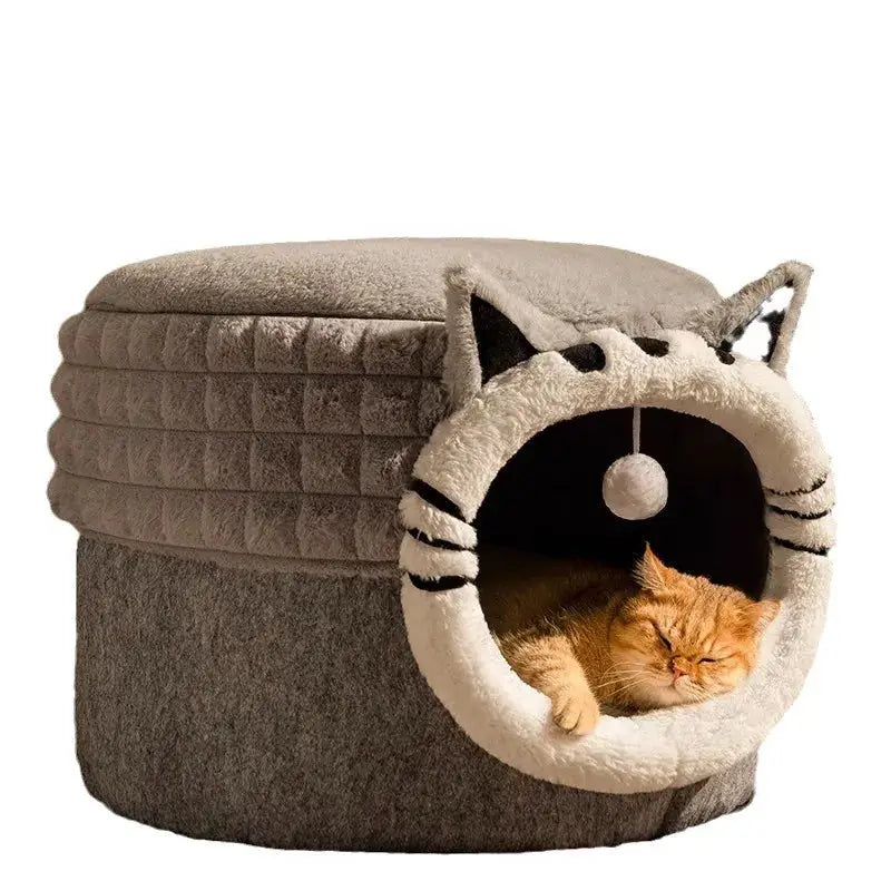 Cozy Enclosed Winter Cat Bed House - Warm Pet Nest for Kittens
