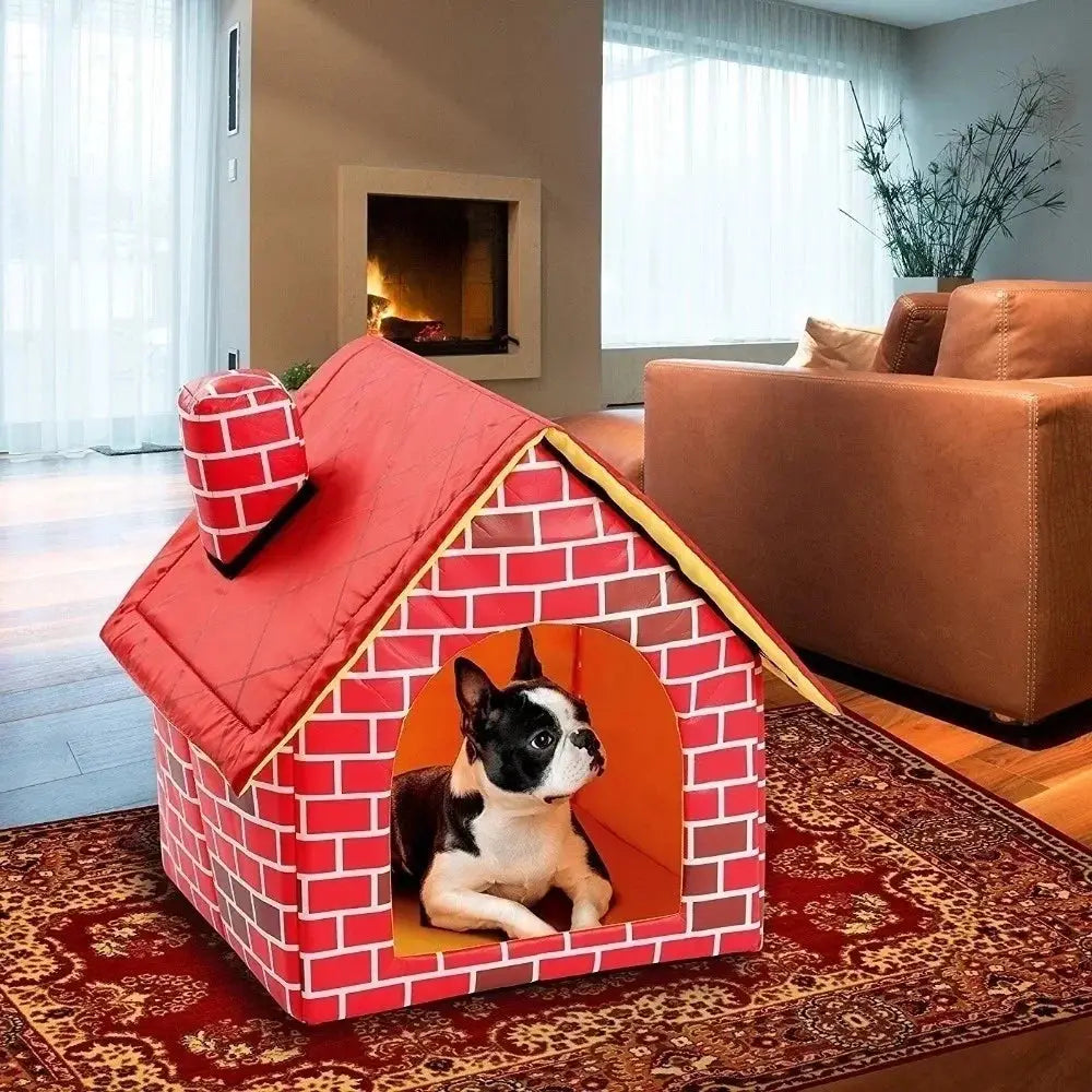 Portable Foldable Pet Kennel: Warm Brick Style Dog House & Cat Bed