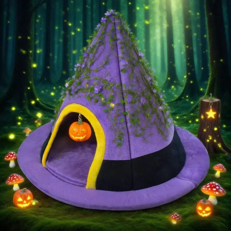 BOOTEELY Witch Hat Pet Bed: Soft Plush Semi-Enclosed Cozy Nest for Cats & Small Dogs