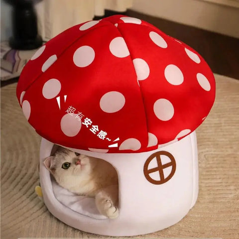 Cozy Half-Enclosed Mushroom Cat Bed: Adorable, Functional Pet Hideaway & Sleep House