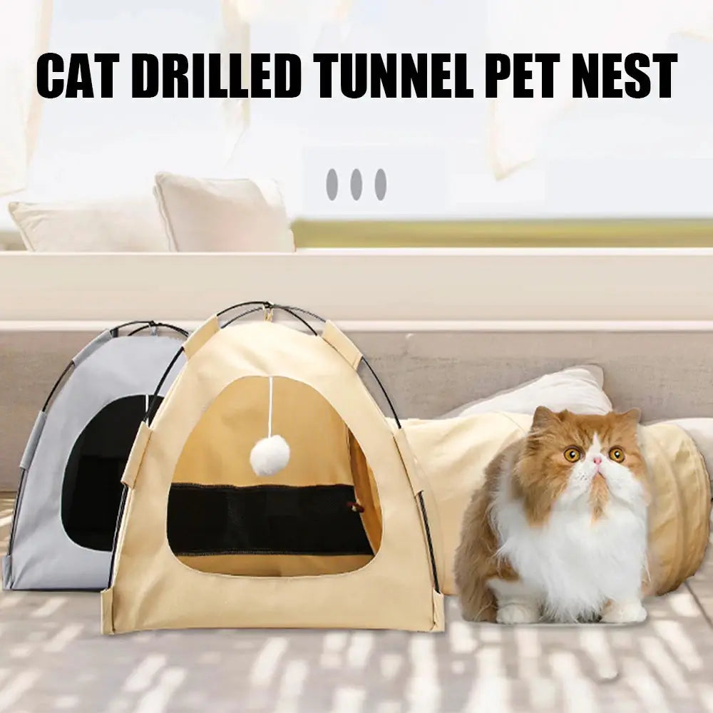Portable Foldable Cat House Tent, Four Seasons Pet Nest Tunnel Bed Mat