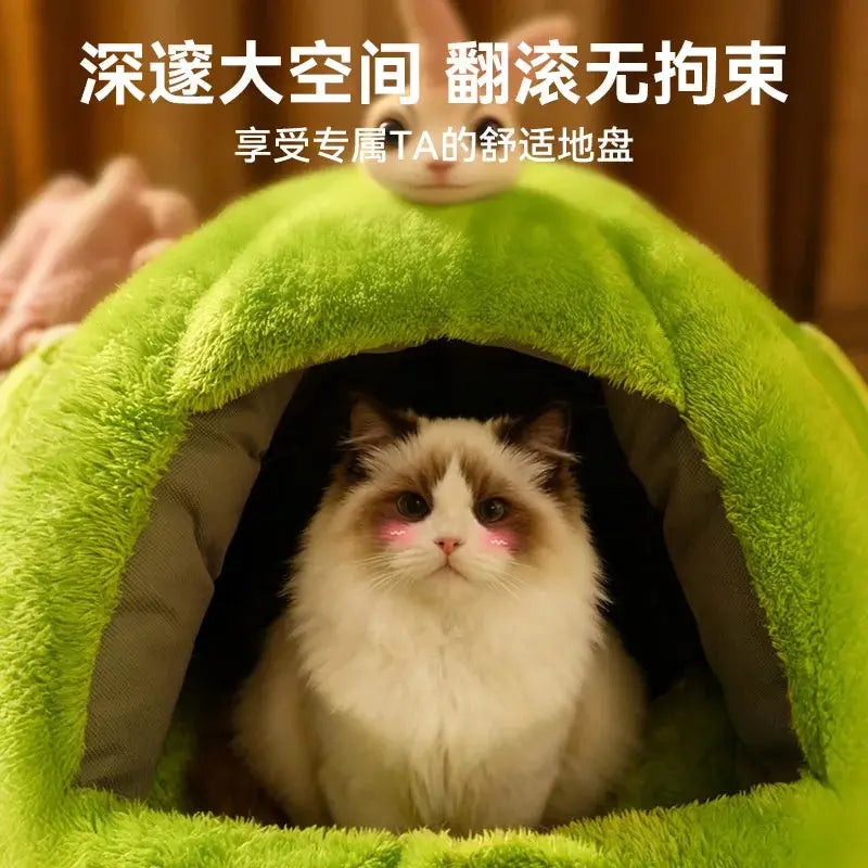 Plush Cat Nest Bed: Cozy Winter Warmth, Enclosed House, Washable Mat