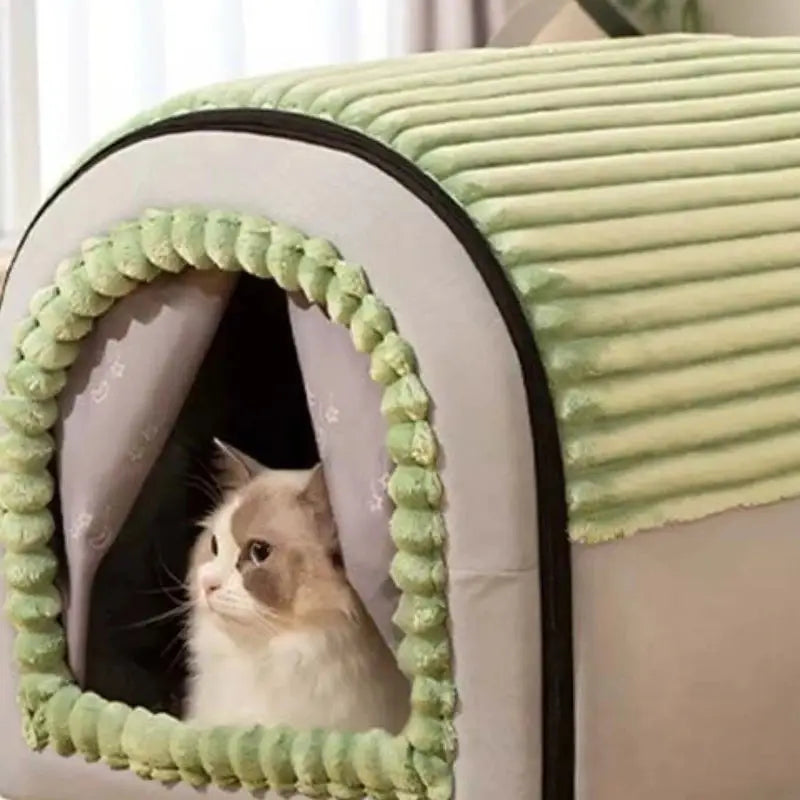 Cozy Plush Cat Bed House with Removable Cushion, Anti-Slip Warm Pet Cave