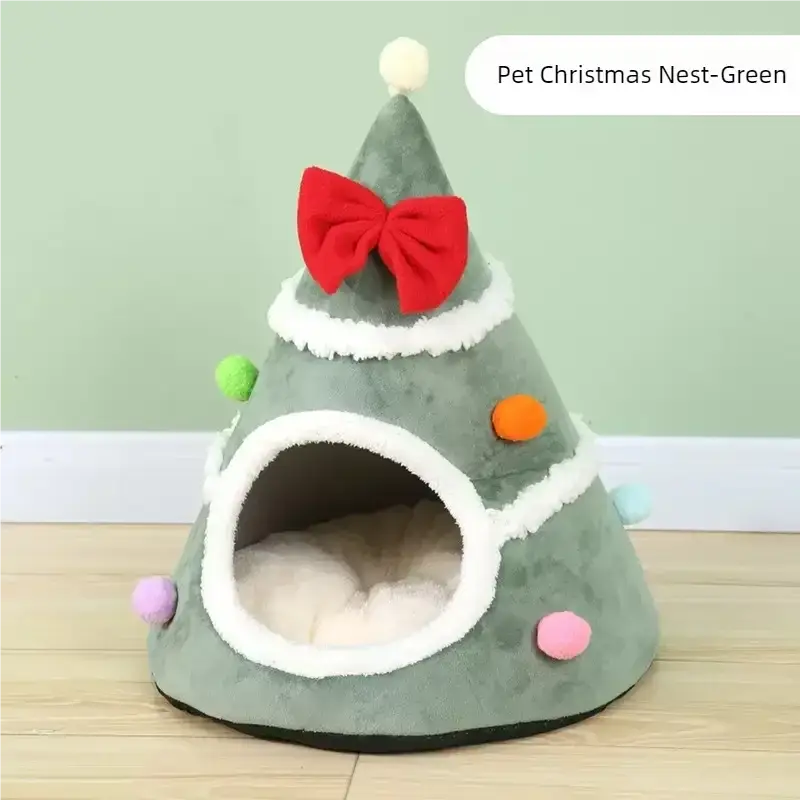 Cozy Christmas Tree Pet Lounger Cushion: Washable Warm Cat Dog House Bed