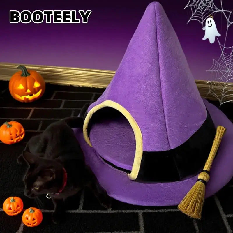BOOTEELY Witch Hat Pet Bed: Soft Plush Semi-Enclosed Cozy Nest for Cats & Small Dogs