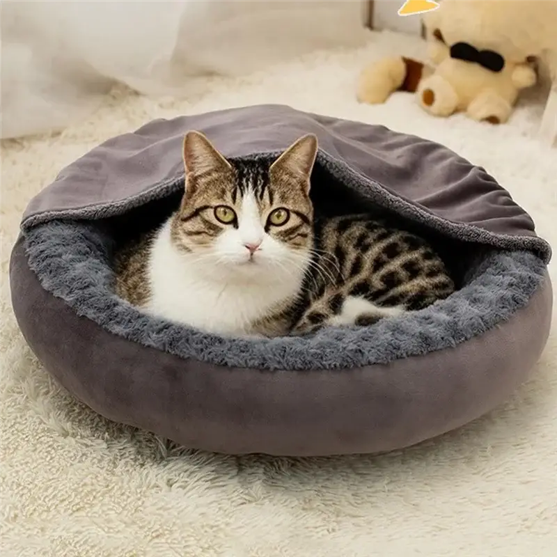 Plush Hooded Donut Pet Bed for Calming Small Dogs & Cats – Warm Winter Comfort