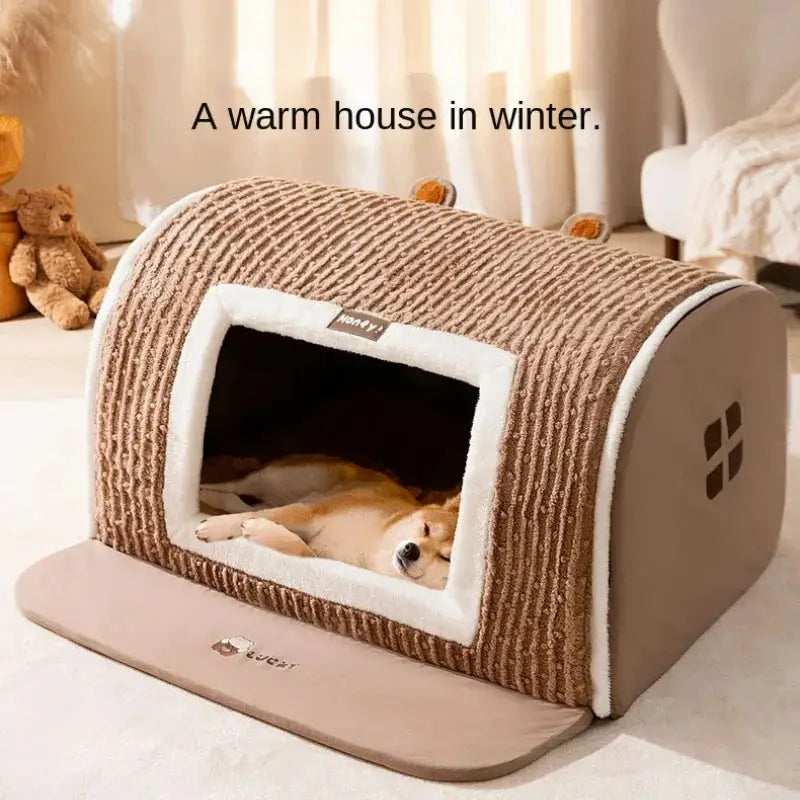 Cozy Bear Cave Pet Bed: Warm, Windproof, Plush for Dogs & Cats